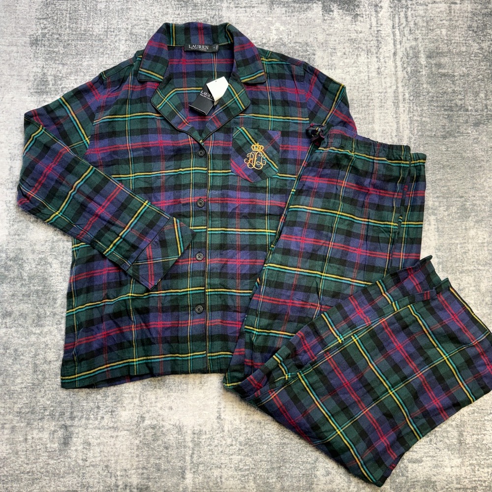 Lauren Ralph Lauren Flannel Pajama Set Women Medium Tartan Plaid Monogram Crest